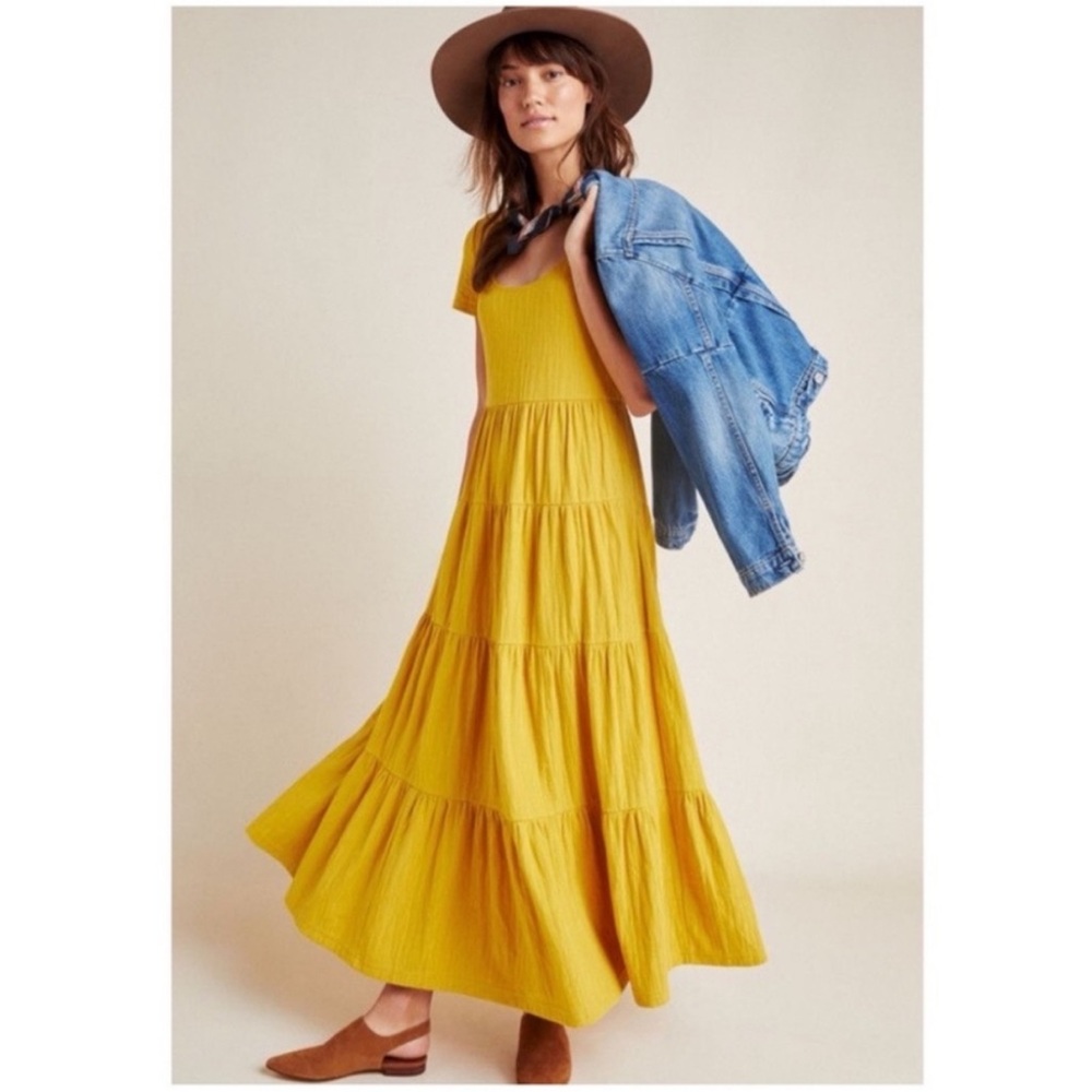 Anthropologie Maeve Women’s Gillian Tiered Yellow Maxi Dress Size XL